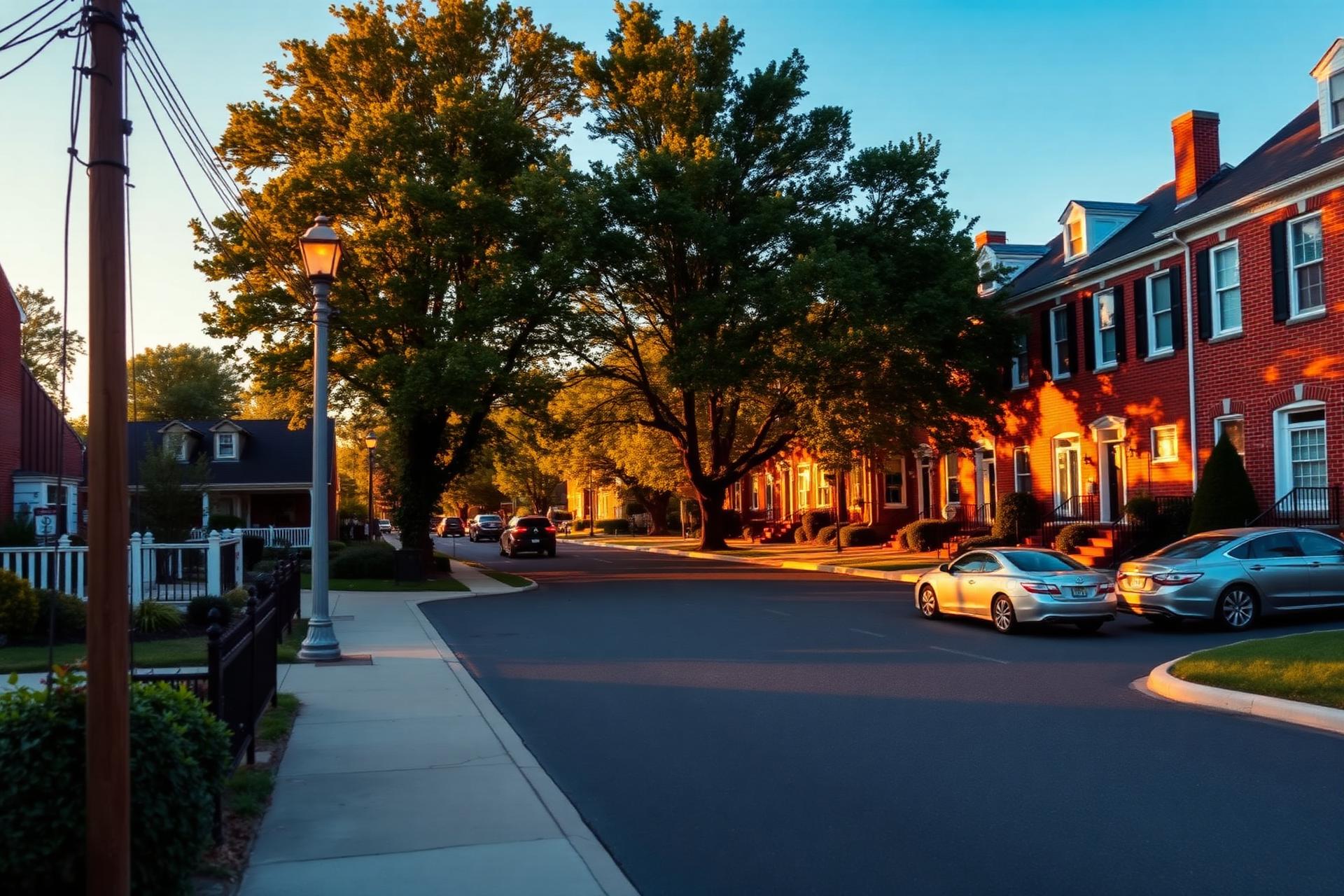 Pennsylvania residential street with brick row homes at golden hour